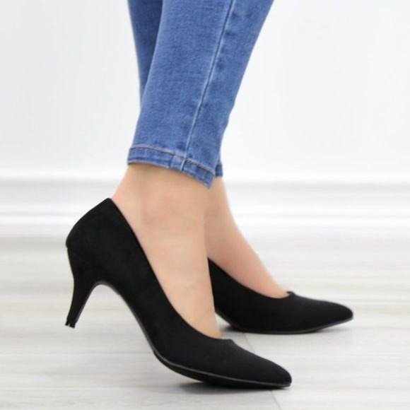 Black Suede Pointy Toe Kitten Low Heel Pumps - Picture 6 of 13